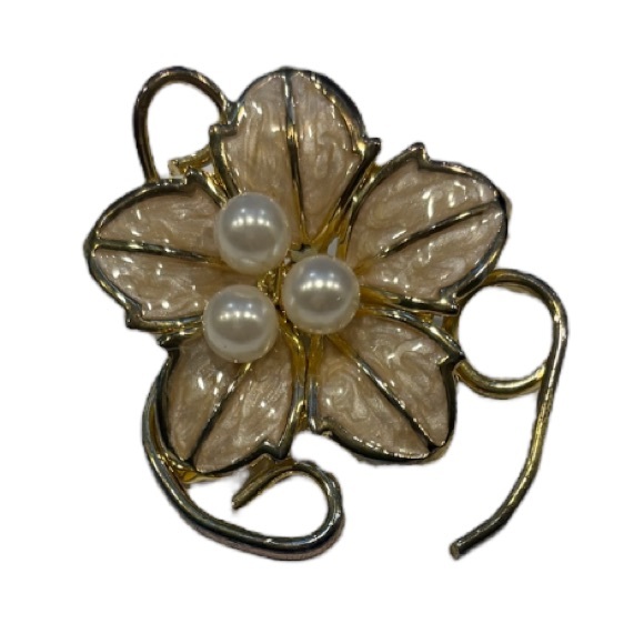 Vintage Brooch Ivory Enamel Pearl Gold Gilt MCM Estate Jewelry Flower Bud Pin - Picture 12 of 15